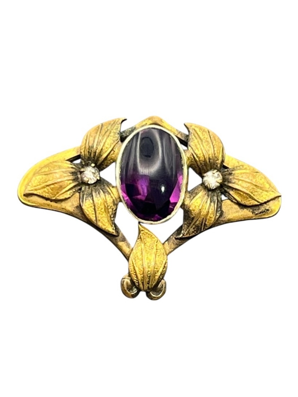 Art Nouveau purple cabochon gold tone leaf rhinestone brooch pin c clasp C.T.
